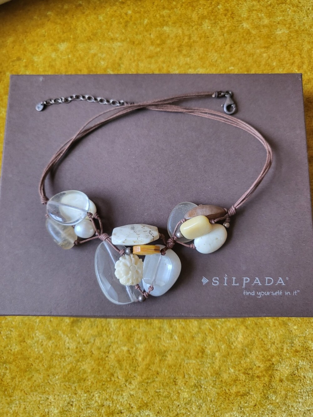 Silpada Brown Cord Necklace with Cream, White and Clear Beads